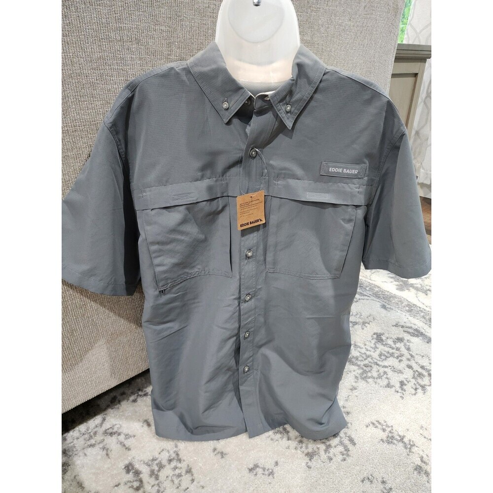Eddie Bauer Rainier Mens Short Sleeve Button Shirt Gray/UPF50/Fishing/Outdoor - Picture 1 of 6